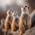 A group of three small Meerkats animals, two of which are standing and one sitting Royalty Free Stock Photo