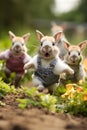 A group of three small rabbits running in a field, AI Royalty Free Stock Photo