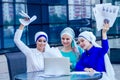 Group of three strong beautiful and young Muslim business women fashion look stylish long dress and the turban on head