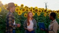 A group of three stunning people are standing in a beautiful sunflower field and looking at the sunflowers while having Royalty Free Stock Photo