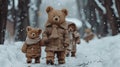 A group of three teddy bears walking down a snowy path, AI Royalty Free Stock Photo