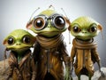 A group of three toy alien like figures