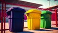Group of three trash cans sitting next to each other on sidewalk. Generative AI