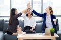 group three young business women teamwork in modern office cele Royalty Free Stock Photo