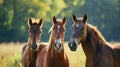 Group of three young horses on the pasture. AI Generative Royalty Free Stock Photo
