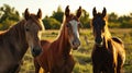 Group of three young horses on the pasture. AI Generative Royalty Free Stock Photo