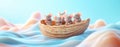 a group of tiny adventurous mice setting sail on a walnut shell boat, navigating through a sea of soft pastel waves, designed in a Royalty Free Stock Photo