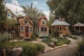 group of tiny homes, each with its own unique design and exterior