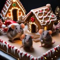 A group of tiny mice in a gingerbread village, wearing tiny Santa hats2