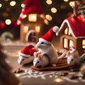 A group of tiny mice in a gingerbread village, wearing tiny Santa hats3