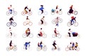 Group of tiny people riding bikes on city street during festival, race or parade. Collection of men and women on