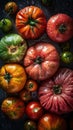 a group of tomatoes sitting next to each other on top of a counter top next to a pile of green and red tomatoes on the top of