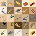 Group tool set of gardener, builder and carpenter. Sketch for stickers, card, seamless texture for wrapping paper on Royalty Free Stock Photo