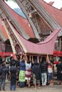 Group of Torajan people at work for the set up of a funeral ceremony