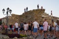Group of tourist entering old walled city in Bulgaria