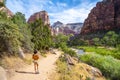 Group of tourist walking by the river among the rock formations in Zion National Park, USA