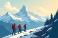 Group tourists backpacks climb mountain. Active holidays nature. AI Generative