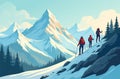 Group tourists backpacks climb mountain. Active holidays nature. AI Generative