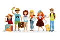 Group of tourists cartoon characters flat illustration. Young funny people with suitcases are traveling together. Royalty Free Stock Photo