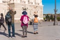 Group of tourists in the center of Madrid, Spain. Copy space for text. Royalty Free Stock Photo