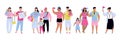 Group of tourists family with children traveling, vector illustration isolated. Royalty Free Stock Photo