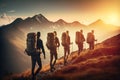 Group tourists of hiker sporty people walks in mountains at sunset with backpacks
