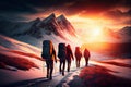 Group tourists of hiker sporty people walks in winter season generative AI