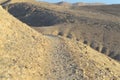 Group of tourists hiking. Group of travelers on a trail in an Israeli desert mountains, Ramon crater valley. backpackers tourists Royalty Free Stock Photo