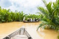 Group of tourists are poled along river between luxuriant palm lined sides in old traditional wooden canoe