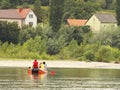 A group of tourists rafting on a mountain river on a pontoon. Tourist routes of Transcarpathia in Ukraine. Rafting on