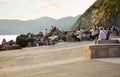 A group of tourists and a small dog relax at dusk at the harbor of Vernazza, Italy, part of the Cinque Terre