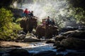 Group tourists to ride on an elephant in forest, Laos.