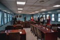 Group of tourists visiting the negotiation room in Panmunjeom at Korean border in Joint Security Area