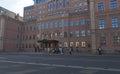 Group of tourists at the Vvedensky Hotel on Bolshoy Prospect Petrogradskaya side in St. Petersburg