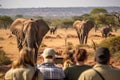 Group of tourists watching elephants in Tsavo East National Park, Kenya, A group of young people watch and photograph wild