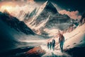 group of tourists in winter mountains Royalty Free Stock Photo