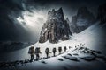 Group of tourists in winter in the mountains. Teamwork concept. Neural network AI generated Royalty Free Stock Photo