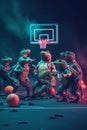 A group of toy dinosaurs playing a game of basketball. Generative AI image. Royalty Free Stock Photo