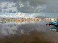 A group Traditional fishing boats docked in the harbor with nature Background