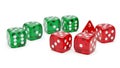 Collection of translucent red and green six sided dice scattered on a white background Royalty Free Stock Photo