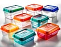 A group of transparent plastic food containers with snap-on colored lids Royalty Free Stock Photo