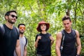 Group of traveler friends walking together at nature,Enjoying backpacking concept