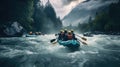 Group of travelers kayaking down a stormy river