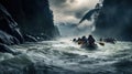 Group of travelers kayaking down a stormy river