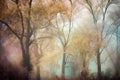 a group of trees in a forest with fog in the air and trees in the foreground with a blue sky in the background with a few clouds Royalty Free Stock Photo