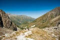 Group of trekkers backpackers descending from Ak-Sai Racek Hut and Glacier to Ala-Archa. Ala Archa Alpine National Park Landscape Royalty Free Stock Photo