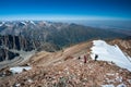 Group of trekkers climbers alpinists conquering Pik Uchitel peak from Racek Hut in Ala Archa Alpine National Park Landscape near Royalty Free Stock Photo