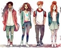 Group of trendy young people. Digital illustration in watercolor style