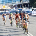 Group of triathletes cycling