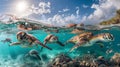A group of turtles swimming in the ocean near coral reefs, AI